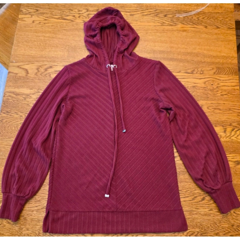 Nine West Hoodie Womens XS Burgundy Textured Ribbed Knit Long Pullover‎ Sweater